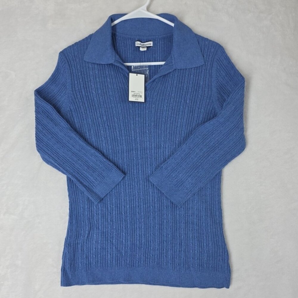 Croft And Barrow Misses Cable Knit V Neck Collard Sweater Half Sleeve M Blue NWT